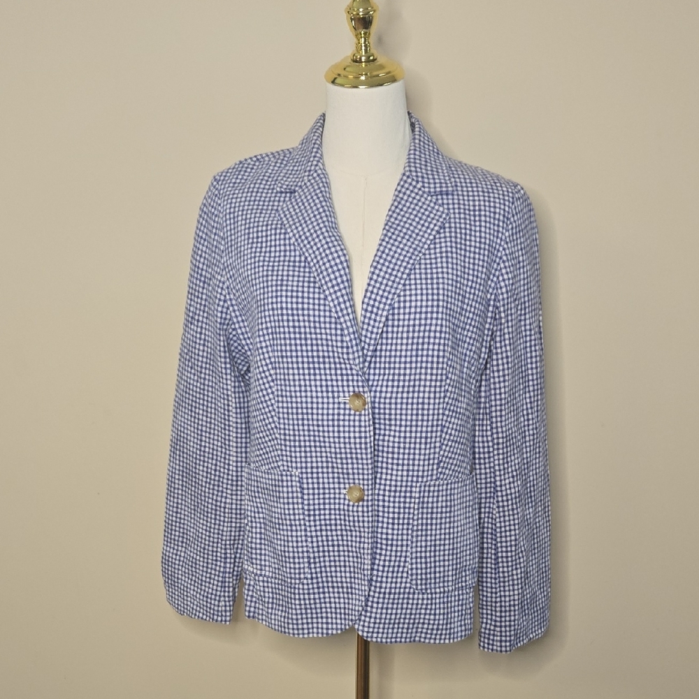 Talbots Blue Gingham Linen-Cotton Blazer – Classic Preppy Style, Size 8